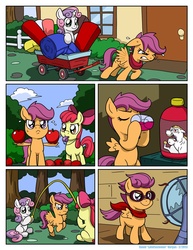 Size: 1276x1650 | Tagged: safe, artist:latecustomer, apple bloom, bulk biceps, scootaloo, sweetie belle, comic:dreams and reality, g4, apple, clothes, comic, cutie mark crusaders, dreams and reality, fan, goggles, horse collar, jump rope, scarf, scootaloo can't fly, training