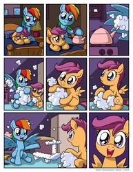 Size: 1276x1650 | Tagged: safe, artist:latecustomer, rainbow dash, scootaloo, pegasus, pony, comic:dreams and reality, g4, bed, cloud, comic, cute, cutealoo, dreams and reality, duo, female, filly, happy, kettle, mare, sad, scootaloo can't fly, scootalove, scooter, steam