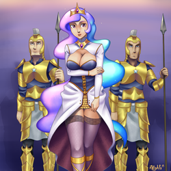 Size: 1000x1000 | Tagged: dead source, safe, artist:7nights, princess celestia, human, g4, breasts, busty princess celestia, cleavage, clothes, dress, female, humanized, royal guard, stockings