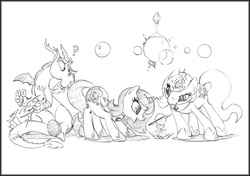 Size: 1100x776 | Tagged: safe, artist:zillford, discord, princess celestia, princess luna, pony, g4, cute, lineart, planet, woona, younger