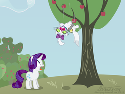 Size: 1024x768 | Tagged: safe, artist:dabestpony, opalescence, rarity, cat, pony, unicorn, g4, bread, buttered cat paradox, female, mare, open mouth, paradox, tree