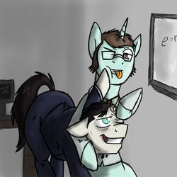 Size: 700x700 | Tagged: safe, artist:overcharge, g-man, glasses, half-life, isaac kleiner, noogie, ponified, younger