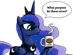 Size: 1024x768 | Tagged: safe, artist:rambopvp, princess luna, alicorn, pony, g4, coffee, coffee mug, dialogue, female, hoof hold, mare, mug, simple background, skeptical, solo