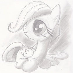 Size: 2296x2281 | Tagged: safe, artist:red-poni, fluttershy, pony, g4, female, filly, sketch, solo, traditional art