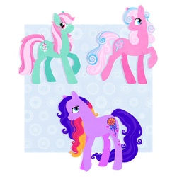 Size: 1050x1050 | Tagged: safe, artist:yu-jie, cotton candy (g3), minty, swirlypop, earth pony, pony, g3, g4, female, freckles, g3 to g4, generation leap, mare, passepartout, raised hoof, raised leg, smiling, standing, tail, trio, trio female