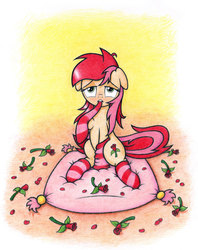 Size: 2000x2526 | Tagged: safe, artist:agamnentzar, roseluck, earth pony, pony, g4, bedroom eyes, clothes, dress, female, pillow, rose, show accurate, socks, solo, striped socks, sultry pose, traditional art