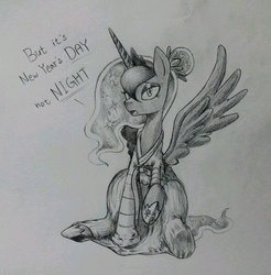 Size: 852x865 | Tagged: safe, artist:discommunicator, princess luna, pony, g4, clothes, dress, female, grayscale, monochrome, sketch, solo