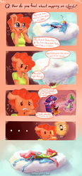 Size: 1087x2344 | Tagged: safe, artist:siden, pinkie pie, rainbow dash, spike, twilight sparkle, anthro, unguligrade anthro, g4, clothes, cloud, comic, heartwarming, lying down, lying on a cloud, lying on top of someone, magic, on a cloud, pony pile, rainbow dash is a potato, rainbow dash is not amused, shirt, shorts, sleeping, t-shirt, tired pie, unamused