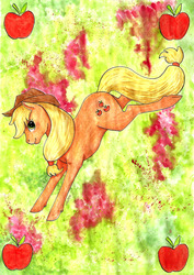 Size: 1634x2306 | Tagged: safe, artist:raevenilonka, applejack, earth pony, pony, g4, abstract background, bucking, cutie mark, female, solo, traditional art