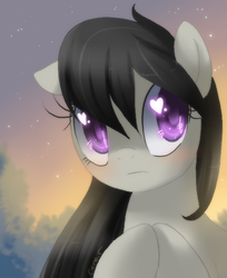 Size: 500x614 | Tagged: dead source, safe, artist:loyaldis, octavia melody, earth pony, pony, g4, blushing, cute, female, heart eyes, sky, solo, stars, sunset, tree, wingding eyes