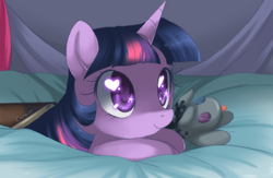 Size: 936x612 | Tagged: dead source, safe, artist:loyaldis, smarty pants, twilight sparkle, g4, :p, bed, book, cute, female, heart eyes, looking up, prone, signature, smiling, solo, starry eyes, that pony sure does love books, tongue out, twiabetes, wingding eyes