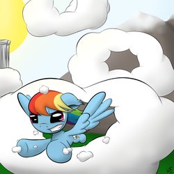 Size: 1024x1024 | Tagged: safe, artist:chaikeon, rainbow dash, pegasus, pony, g4, cloud, cloudsdale, cloudy, flying, morning, mountain