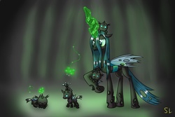 Size: 1500x1000 | Tagged: safe, artist:skorpionletun, queen chrysalis, changeling, changeling queen, nymph, pony, g4, baby, baby pony, cute, cutealis, cuteling, female, glowing, glowing horn, hnnng, horn, mommy chrissy