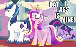 Size: 864x539 | Tagged: safe, edit, edited screencap, screencap, princess cadance, shining armor, twilight sparkle, alicorn, pony, unicorn, g4, butt, caption, dat ass, female, image macro, lovebutt, male, mare, meme, plot, stallion, wide eyes