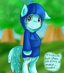 Size: 500x571 | Tagged: safe, artist:freefraq, oc, oc only, oc:shiny slime, goo pony, original species, ask, clothes, hoodie, slime, solo, tumblr