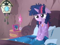 Size: 1024x768 | Tagged: safe, artist:frankier77, owlowiscious, spike, twilight sparkle, semi-anthro, bed, bed mane, clothes, female, morning ponies, pajamas, solo
