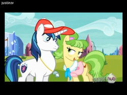 Size: 1024x768 | Tagged: safe, edit, edited screencap, screencap, chickadee, ms. peachbottom, shining armor, g4, games ponies play, bedroom eyes, eyes on the prize, flirting, out of context