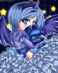 Size: 600x752 | Tagged: dead source, safe, artist:rebecka-chan, princess luna, alicorn, human, g4, clothes, crown, female, jewelry, plushie, regalia