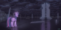 Size: 1024x504 | Tagged: safe, artist:shad3r, twilight sparkle, pony, unicorn, g4, butt, cloud, female, horn, mare, night, pillar, plot, reflection, signature, sky, solo, stars