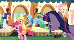 Size: 850x466 | Tagged: safe, screencap, applejack, fluttershy, pinkie pie, rainbow dash, rarity, twilight sparkle, g4, games ponies play, my little pony: friendship is magic, female