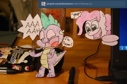 Size: 1280x857 | Tagged: safe, artist:danadyu, pinkie pie, spike, g4, jumped-out-pinkieanswers, paper child