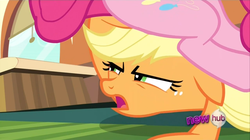 Size: 1440x809 | Tagged: safe, screencap, applejack, pinkie pie, pony, g4, games ponies play, asshat, butt touch, female, hoof on butt, hub logo, logo, mare, the hub