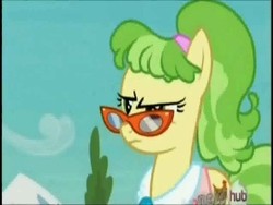 Size: 384x288 | Tagged: safe, screencap, chickadee, ms. peachbottom, pony, g4, games ponies play, female, glasses, hub logo, mare, solo, the hub, unamused