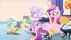 Size: 1440x810 | Tagged: safe, screencap, dandy brush, golden hooves (g4), princess cadance, alicorn, crystal pony, pony, g4, games ponies play, background pony, bowing, female, mare, messenger, raised eyebrow, saddle bag, spa, winged shoes