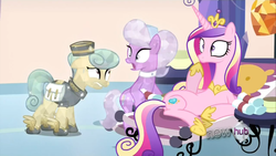 Size: 1440x810 | Tagged: safe, screencap, dandy brush, golden hooves (g4), princess cadance, alicorn, crystal pony, pony, g4, games ponies play, background pony, crystallized, female, hat, mare, messenger, pillbox hat, saddle bag, spa, surprised, winged shoes