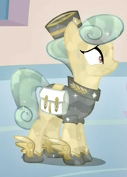 Size: 394x551 | Tagged: safe, screencap, golden hooves (g4), crystal pony, pony, g4, games ponies play, mailpony, messenger, saddle bag, winged shoes