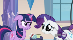 Size: 850x468 | Tagged: safe, screencap, rarity, twilight sparkle, pony, g4, games ponies play, big eyes, cute, dilated pupils, floppy ears, frown, glare, gritted teeth, hnnng, sad