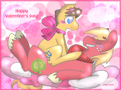 Size: 1001x750 | Tagged: safe, artist:cleppyclep, big macintosh, caramel, earth pony, pony, g4, blushing, bow, cuddling, cute, gay, heart, hearts and hooves day, male, ship:caramac, shipping, stallion, valentine's day