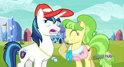 Size: 1366x738 | Tagged: safe, chickadee, ms. peachbottom, shining armor, earth pony, pony, unicorn, g4, games ponies play, my little pony: friendship is magic, duo, duo male and female, eyes closed, female, fourth wall, horn, male, mare, stallion