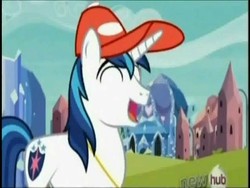 Size: 384x288 | Tagged: safe, screencap, shining armor, pony, unicorn, g4, games ponies play, baseball cap, cap, hat, hub logo, male, solo, stallion