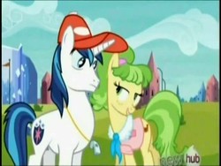 Size: 384x288 | Tagged: safe, screencap, chickadee, ms. peachbottom, shining armor, g4, games ponies play, flirting