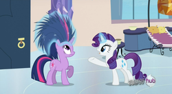 Size: 851x468 | Tagged: safe, screencap, rarity, twilight sparkle, porcupine, g4, games ponies play, alternate hairstyle