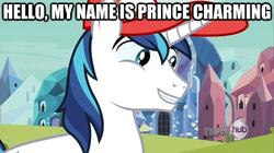 Size: 625x350 | Tagged: safe, shining armor, g4, games ponies play, image macro, smiling