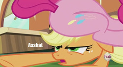 Size: 847x461 | Tagged: safe, edit, edited screencap, screencap, applejack, pinkie pie, g4, games ponies play, asshat, butt, image macro, plot