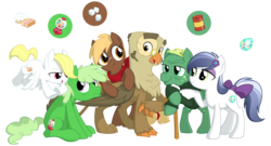 Size: 3900x2100 | Tagged: safe, artist:equestria-prevails, angel bunny, gummy, opalescence, owlowiscious, tank, winona, crystal pony, griffon, hybrid, owl, owl griffon, pegasus, pony, g4, bow, cane, clothes, cute, freckles, glasses, griffonized, hair bow, opaltank, pet, ponified, ponified pony pets, pun, simple background, species swap, sweater, transparent background, visual pun, winonabetes