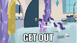 Size: 576x324 | Tagged: safe, edit, edited screencap, screencap, rarity, twilight sparkle, g4, games ponies play, animated, butt touch, caption, female, get out, hoof on butt, image macro, pushing, reaction image, rump push