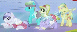 Size: 556x237 | Tagged: safe, screencap, bright smile, castle (crystal pony), periwinkle pace, rapid rush, sunshine splash, toastie, crystal pony, pony, g4, games ponies play, animated, background pony, drinking, female, long jump, male, mare, running, stallion, stretching, water bottle