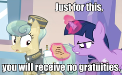 Size: 959x591 | Tagged: safe, golden hooves (g4), twilight sparkle, crystal pony, pony, g4, games ponies play, image macro, messenger, saddle bag