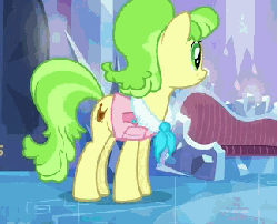 Size: 324x262 | Tagged: safe, screencap, chickadee, ms. peachbottom, earth pony, pony, g4, games ponies play, season 3, animated, balancing, couch, crystal empire, female, prancing, solo, stretching, trotting, trotting in place, worried