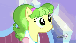 Size: 576x324 | Tagged: safe, screencap, chickadee, ms. peachbottom, earth pony, pony, g4, games ponies play, animated, female, hub logo, irrational exuberance, male, open mouth, smiling