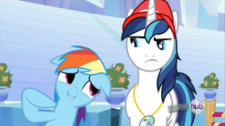 Size: 1366x768 | Tagged: safe, screencap, rainbow dash, shining armor, pegasus, pony, unicorn, g4, games ponies play, my little pony: friendship is magic, duo, duo male and female, female, horn, male, mare, shining armor is not amused, stallion, unamused