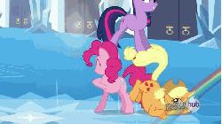 Size: 576x324 | Tagged: safe, screencap, applejack, fluttershy, pinkie pie, rainbow dash, twilight sparkle, g4, games ponies play, season 3, animated, female, gif, hoofy-kicks, partillery, party cannon, prehensile tail
