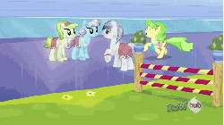 Size: 576x324 | Tagged: safe, screencap, berry splash, chickadee, ms. peachbottom, periwinkle pace, toastie, crystal pony, earth pony, pony, g4, games ponies play, animated, background pony, female, long jump, male, mare, stallion