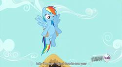 Size: 851x468 | Tagged: safe, screencap, rainbow dash, g4, games ponies play, rooftop, train station, youtube caption