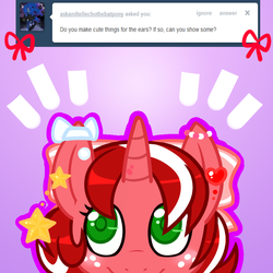 Size: 1000x1000 | Tagged: safe, artist:redintravenous, oc, oc only, oc:red ribbon, pony, unicorn, ask red ribbon, cute, earring, female, freckles, looking at you, mare, smiling, solo, tumblr