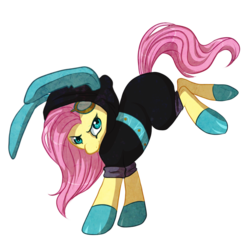 Size: 850x850 | Tagged: safe, artist:noxxplush, fluttershy, pegasus, pony, g4, badass, bunny ears, clothes, dangerous mission outfit, female, flutterbadass, goggles, hoodie, kick, mare, simple background, solo, transparent background